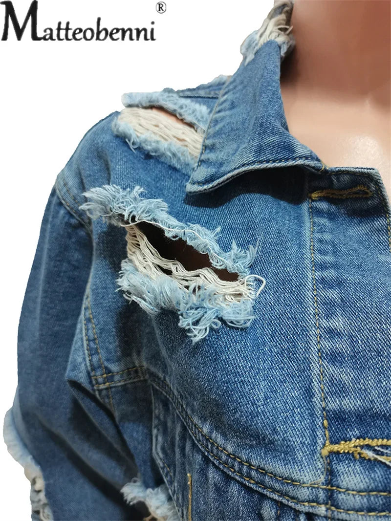 Fashion Zerissene Löcher Langarm Kurze Jeansjacke Damen Trend Streetwear Freizeit Oberbekleidung Damen Doppelknopf Splicing Mantel