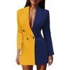 Women Blazer Elegant Office Lady Suit Deep V-Neck Long Sleeve Patchwork Slim OL Double Breasted Dress Coat Contrast Color Suits