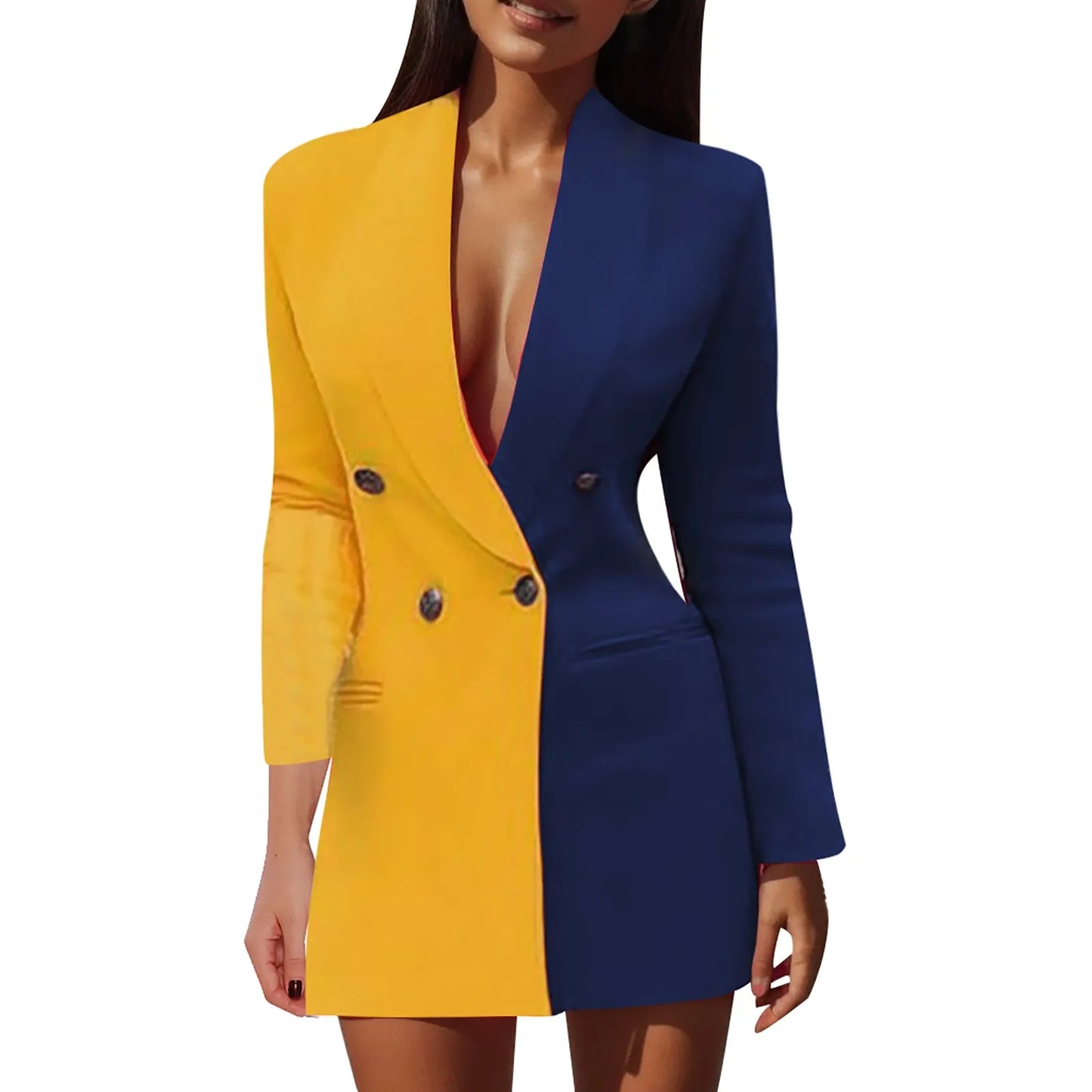 Women Blazer Elegant Office Lady Suit Deep V-Neck Long Sleeve Patchwork Slim OL Double Breasted Dress Coat Contrast Color Suits