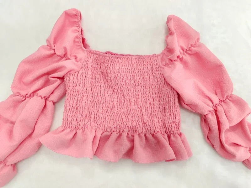 Chic Women Sweet Set Puff Sleeve Crop Tops and Shorts Outfits Solid Stretch Pleated Sexy Summer Girl 2 Two Piece Suit