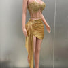 Gold Color Women Sexy 2 Pieces Strapless Bodycon Mini Dress Bar Singer Nightclub Party Celebrate Birthday Dress Wholesale