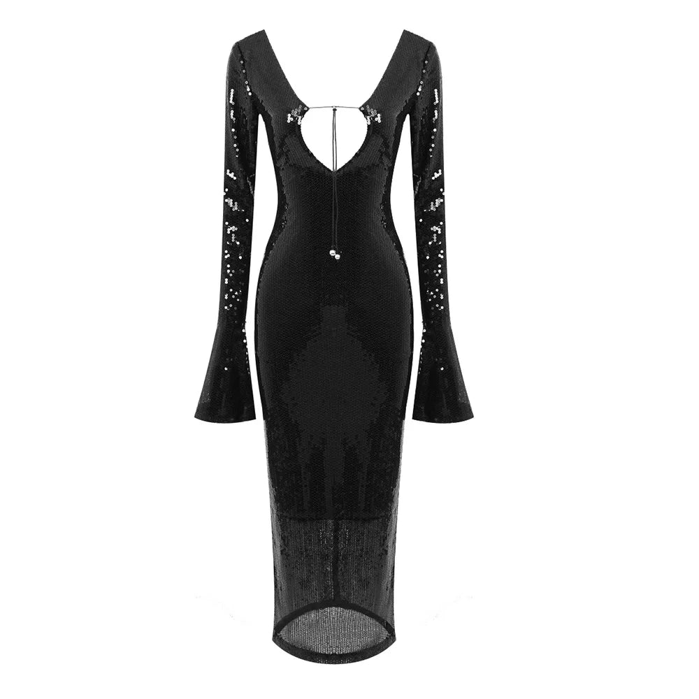 Abendkleid Damen Elegant Pailletten Tiefer V-Ausschnitt Langarm Midikleid Sexy Luxuriös Rückenausschnitt Schnürung Knöchellang Bandage Partykleid