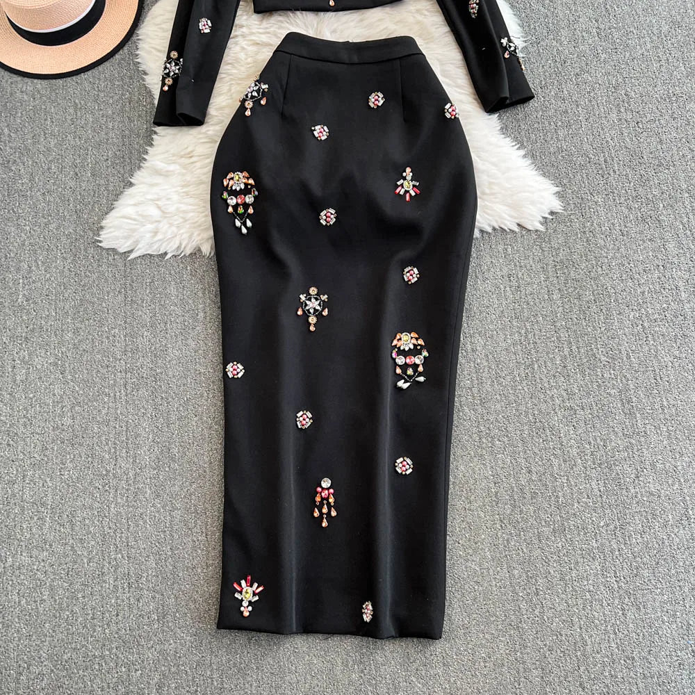 TWOTWINSTYLE Luxury Style Two Piece Set For Women O Neck Long Sleeve Topa High Waist Skinny A Line Skirt Set Female KSE524945