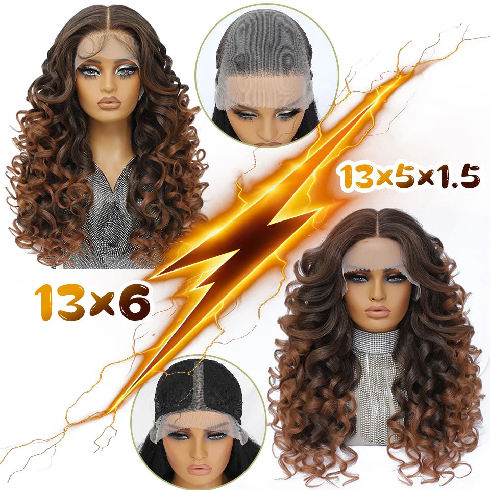 Latisha 13X6 HD Synthetische Spitzenfrontperücke lockig vorgezupfte Lace-Frontal-Perücke mit Pony für Damen, Highlights mit Babyhaar, 24 Zoll