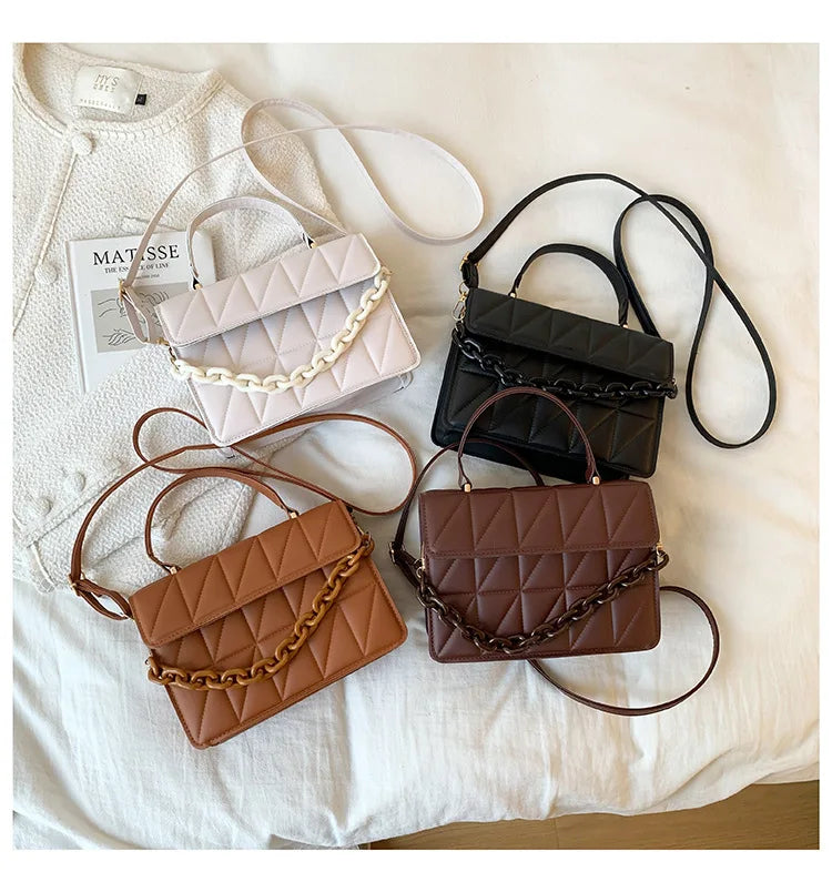 Solid Plaid Crossbody Bags For Women, Chain Decor Fashion Shoulder Bag Ladies Handbag For Daily Used