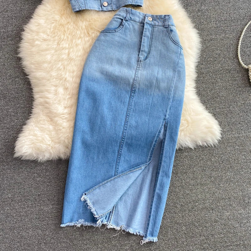 Women Denim 2 Piece Sets Long Skirt Top Suit Skirts Tops Single Breasted Outfits Washed Distressed 2025 Summer Casual Ensemble