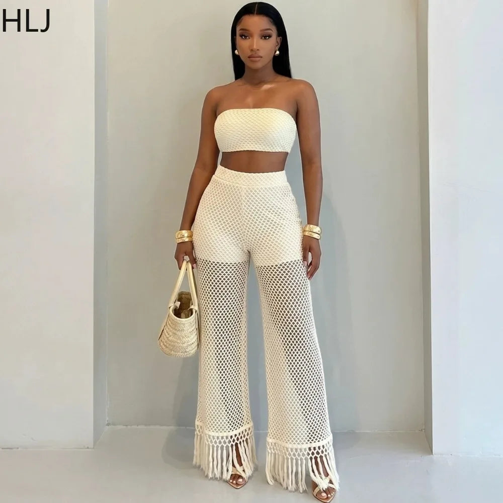 HLJ Casual Crochet Knit Women 2 Piece Outfits Strapless Bandeau Crop Top + Tassel Mesh Wide Leg Pants Matching Streetwear Summer