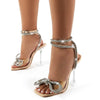 Comemore 2025 Rhinestone Bowknot Women Sandals Transparent High Heels Summer Sexy Square Toe Ankle Buckle Strap Shoes Stiletto
