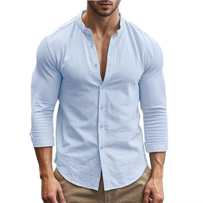 Frühlings- und Sommerherrenhemd Baumwollleinen Slim Casual Hawaii Einfarbig Basic Stil Atmungsaktives Herren-Allround-Oberteil