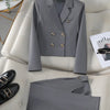 Solid Suits for Women 2024 Spring Fashion Office Ladies Long Sleeve Double Breasted Short Tops Chic Slim High Waisted Pant Suits