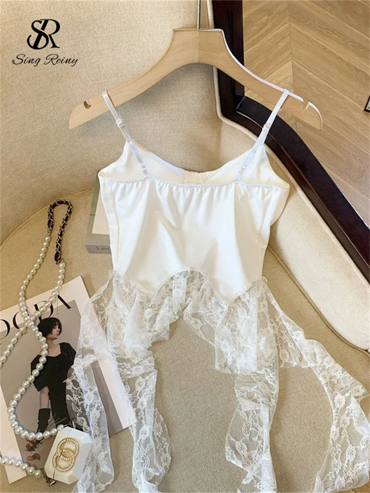 SINGREINY Summer Irregular Sexy Camisole French Style Sleeveless Sheath Camis 2025 Women Lace Spliced Solid Streetwear Camis