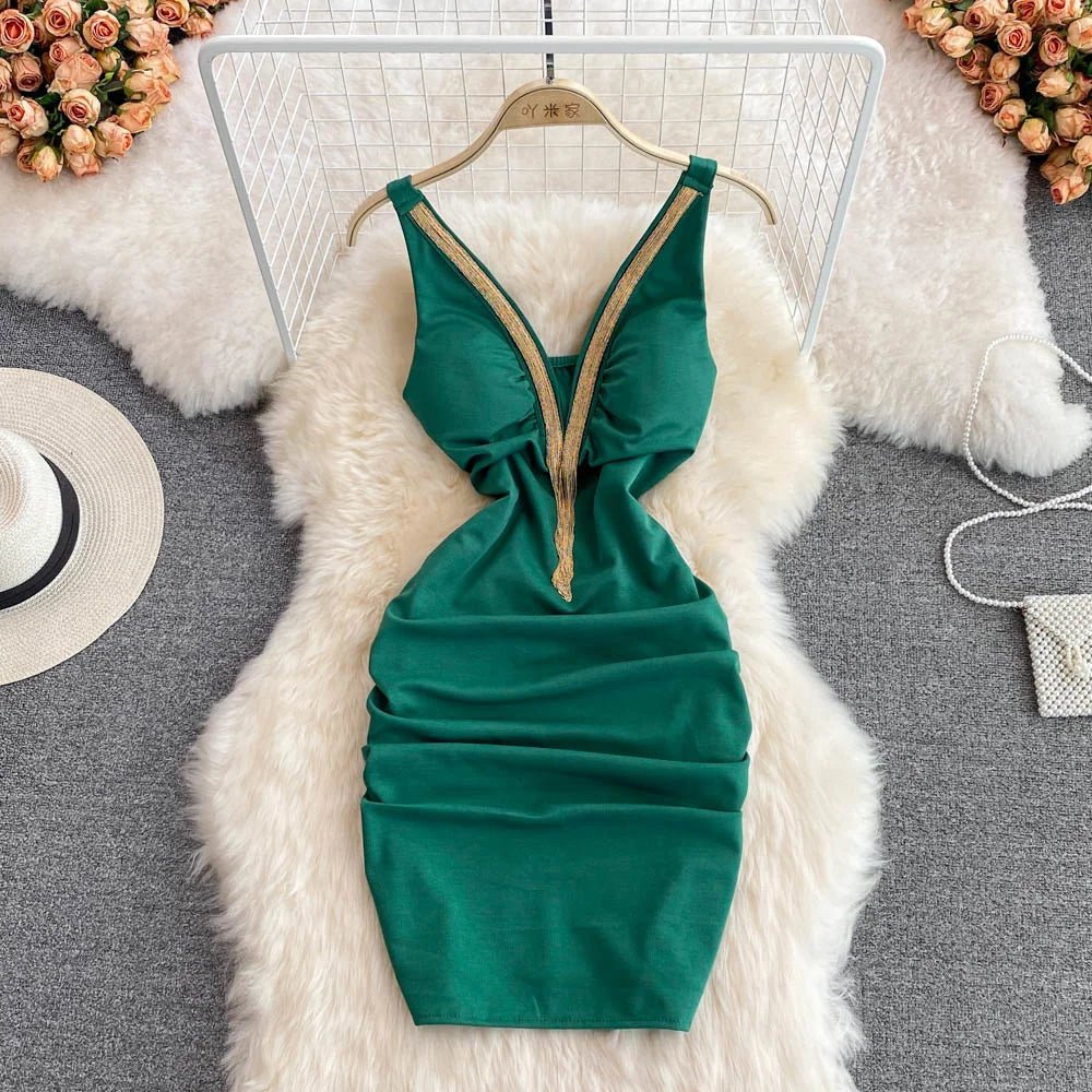 Fashion Bodycon Sexy V-neck Low Cut Mini Short Work Dress Women Backless Irregular Sleeveless Short Hip Wrap Vest Dress OL Red
