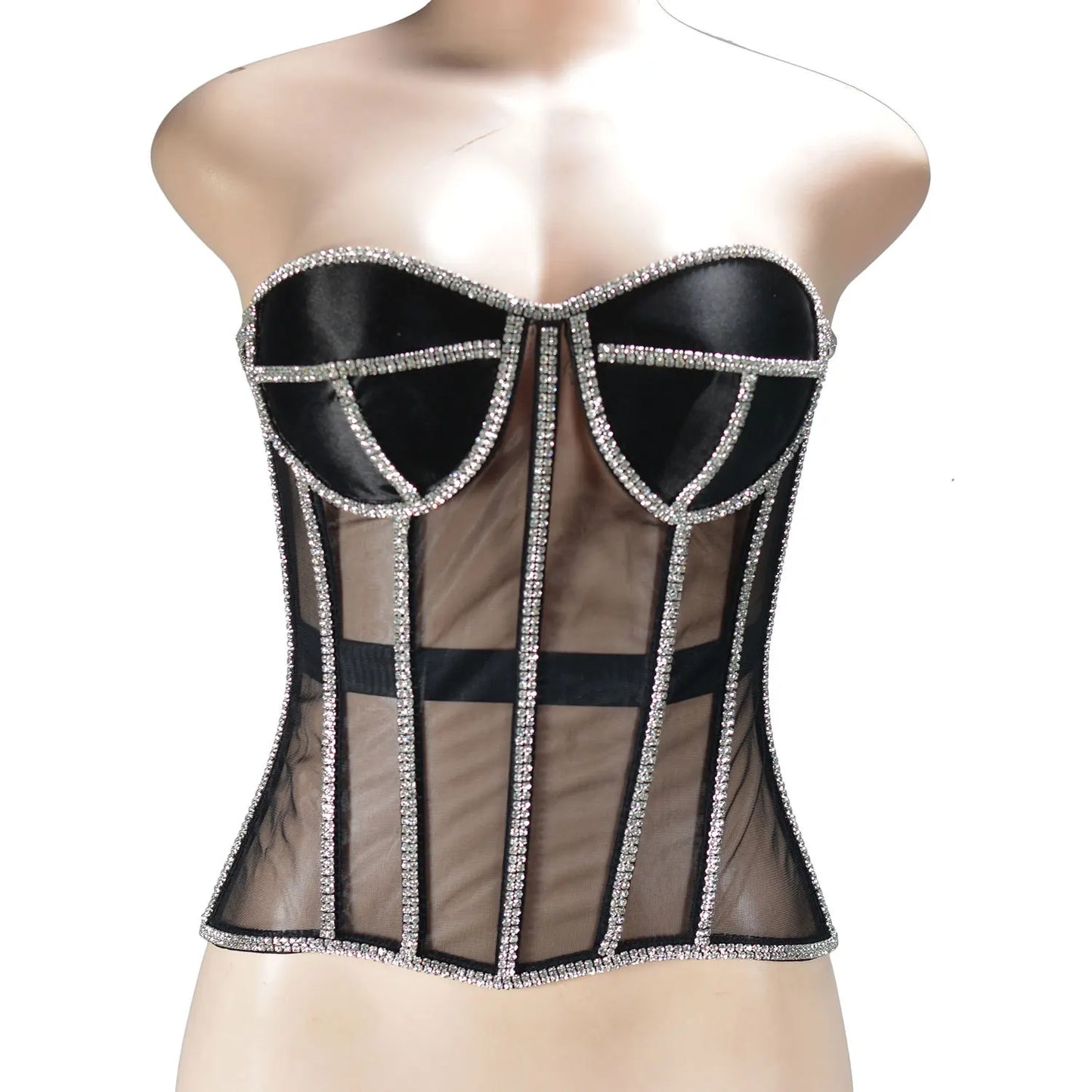 Women Abdomen Corset Crops with Bra Shiny Rhinestone Transparent Breathable Mesh Hand Made Bodices Push Up Bustiers Custom Made