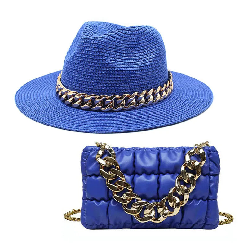 Set Straw Hat and Bag Set Gold Chain Bag Hat Set Ladies Leather Bag Tote Church Fedora Party Jazz Straw Hat