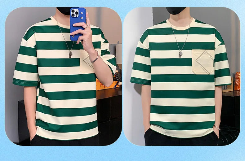 Casual Short Sleeve T Shirt Men'S For 2025 Summer Tshirt Top Tees Striped Brand Fashion HIP HOP Clothes OverSize 3XL T-Shirt