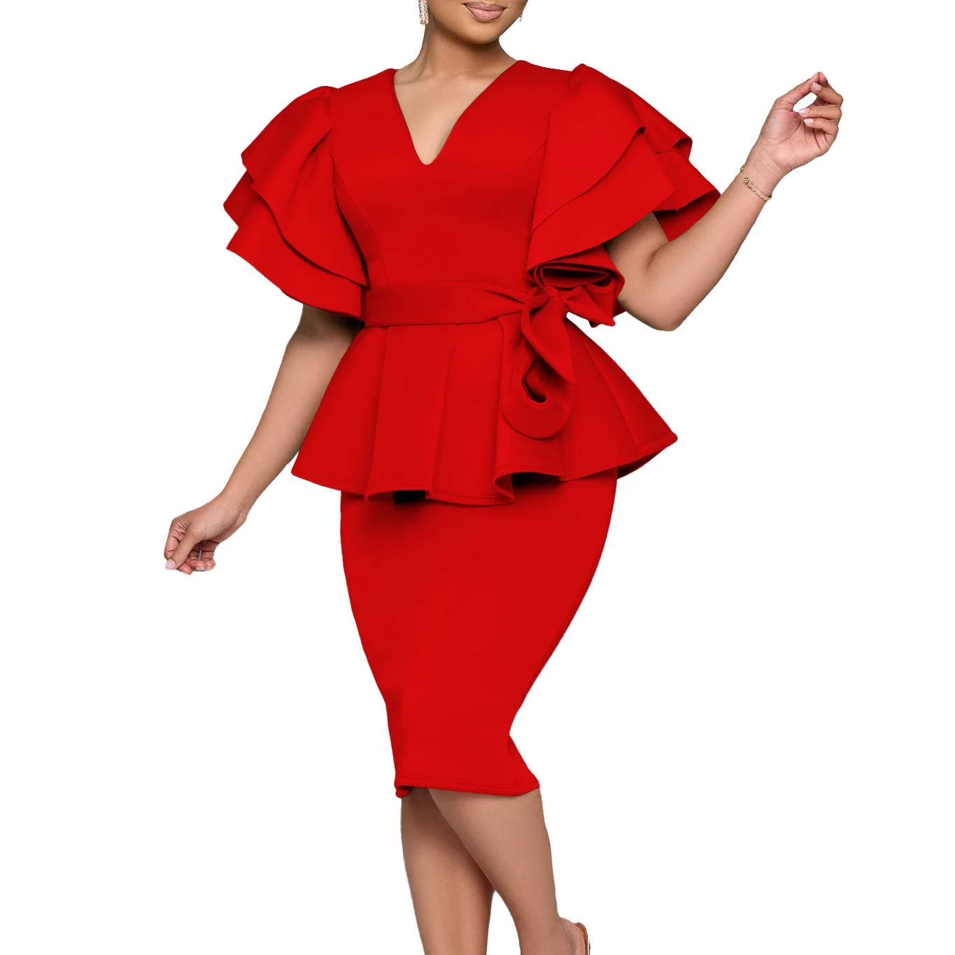 CM.YAYA Damen Kurzarm V-Ausschnitt Gürtel Hohe Taille Midikleid 2025 Sommer Afrika OL Business Abend Sexy Partykleider Vestidos
