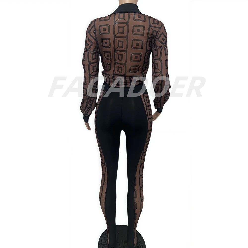 FAGADOER Sexy Mesh Damen 2-teiliges Set Outfit Durchsichtiges Langarm Crop Top + Skinny Hose Anzüge Weibliche Streetwear Kleidung Neu