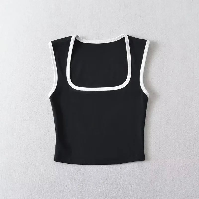 Woman Fashion Slim Solid Contrust Camis Casual Sleeveless Tanks Square Collar Crop Tops Clothing Streetwear Mujer 2024 Y2k