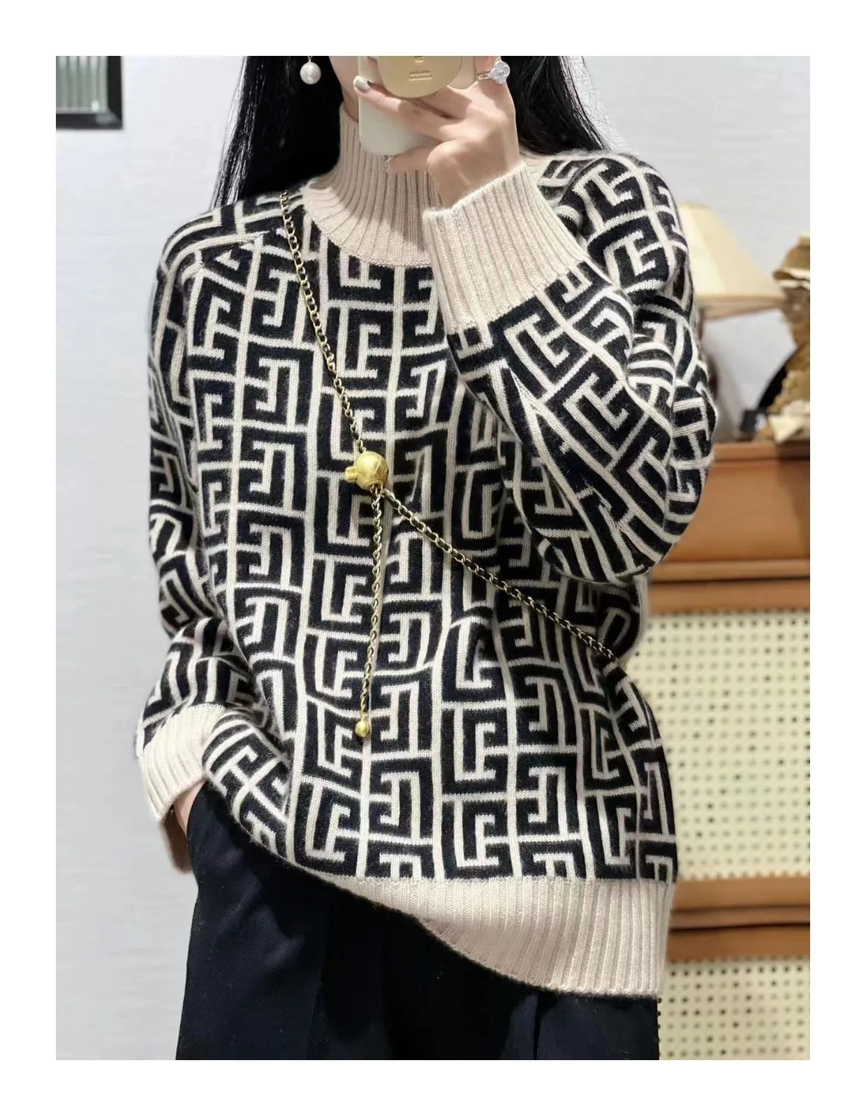 High-End 100% Ziegenwollpullover Damen Stehkragen lockerer Pullover Herbst Winter neuer Stil im Western-Look mit Verjüngungseffekt