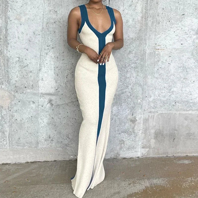 Sexy V-neck Contrast Color Off-shoulder Sleeveless Striped Wide Sling Split Hem Long Dress Temperament Party Club Casual Clothes