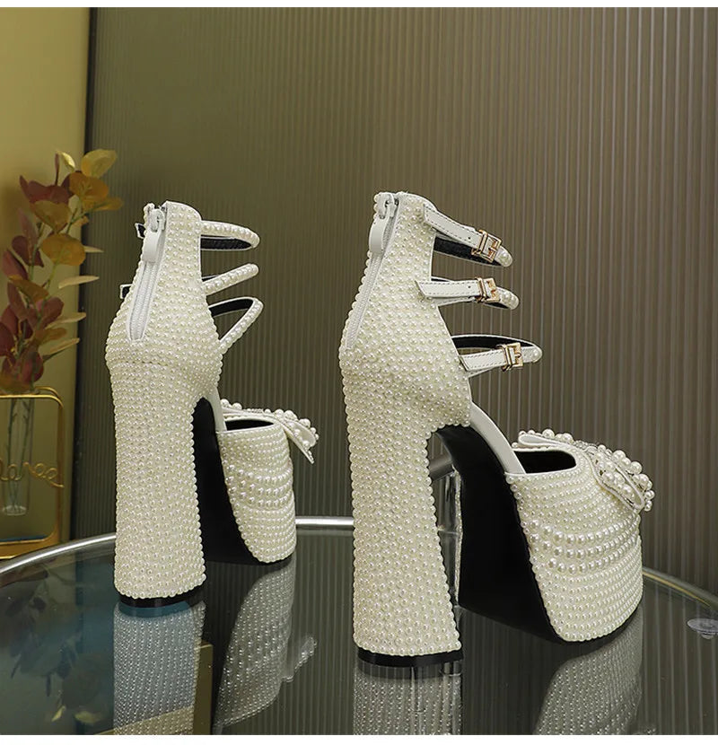 Luxury Handmade Full Pearls Rhinestones Bowknot Women Pumps Fashion Ankle Strap Platform Wedges High heels Banquet Wedding Shoes