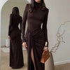 Mozision Turtleneck Thigh High Split Sexy Maxi Dress For Women Fashion Long Sleeve Draped Bandage Bodycon Club Long Dress