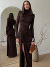 Mozision Rollkragen Oberschenkelhohes Schlitz Sexy Maxikleid für Damen Mode Langarm Drapierte Bandage Bodycon Club Langes Kleid
