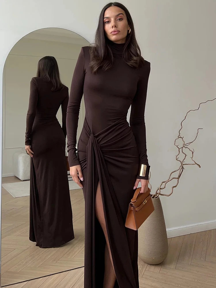 Mozision Rollkragen Oberschenkelhohes Schlitz Sexy Maxikleid für Damen Mode Langarm Drapierte Bandage Bodycon Club Langes Kleid