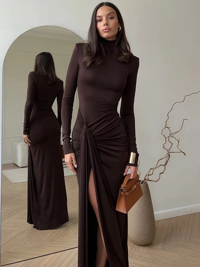 Mozision Rollkragen Oberschenkelhohes Schlitz Sexy Maxikleid für Damen Mode Langarm Drapierte Bandage Bodycon Club Langes Kleid