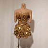 Sparkly Gold Rhinestone Sequins Sexy Strapless Mesh See Through Mini Dress Women Eveing Birthday Party Nightclub Stage Costume