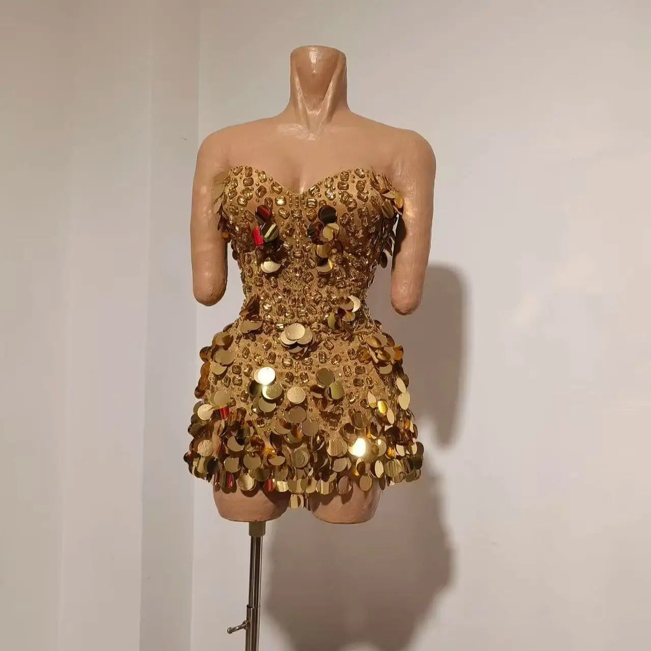 Sparkly Gold Rhinestone Sequins Sexy Strapless Mesh See Through Mini Dress Women Eveing Birthday Party Nightclub Stage Costume