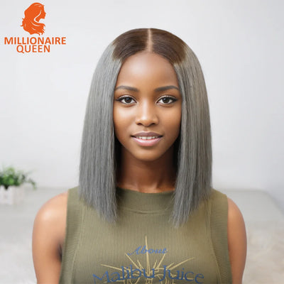 Vietnamesisches Haar, Super Double Drawn Bone Straight 2x6 Bob-Perücke aus 100 % Echthaar, T4/Grau, 250 % Dichte, für schwarze Frauen