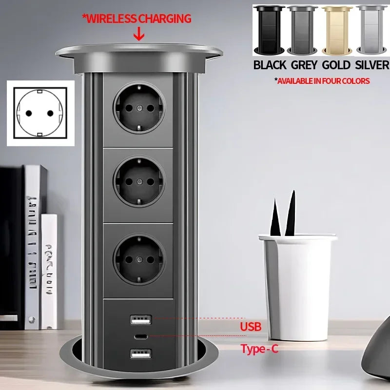 Motorized Lifting Pop Up Tower Power Outlet Hidden Mounted Kitchen Worktop USB Type C Socket with Speaker Wireless Charging