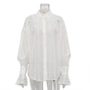 Bornladies Autumn Women's Fashionable Loose Collared Shirt Office Lady Solid Color Versatile Flare sleeve Top Long Sleeved Shirt