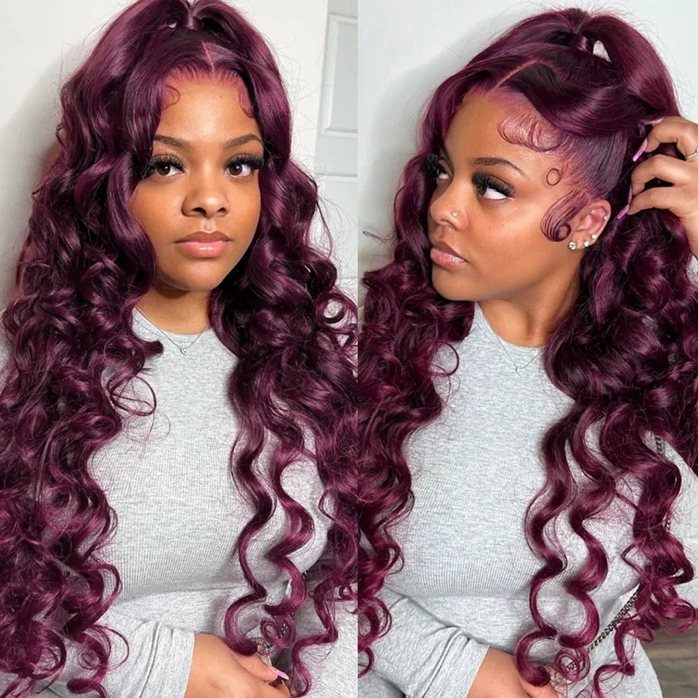 Dark Purple Body Wave Lace Front Wigs Synthetic Deep Burgundy 13x4 Lace Front Wigs Grape Purple Glueless Wigs 180% Density Women