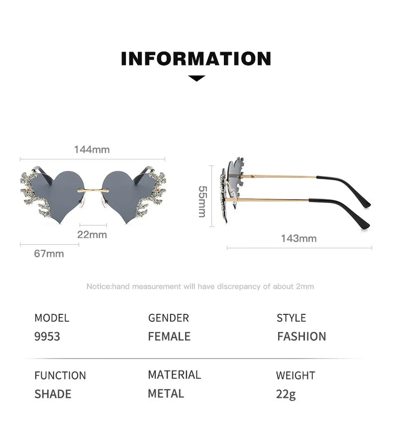 Randlose Sonnenbrille Damen Luxusmarke Strass Sonnenbrille Damen Niedliche Herzform Punk Party Brille очки від сонця женские