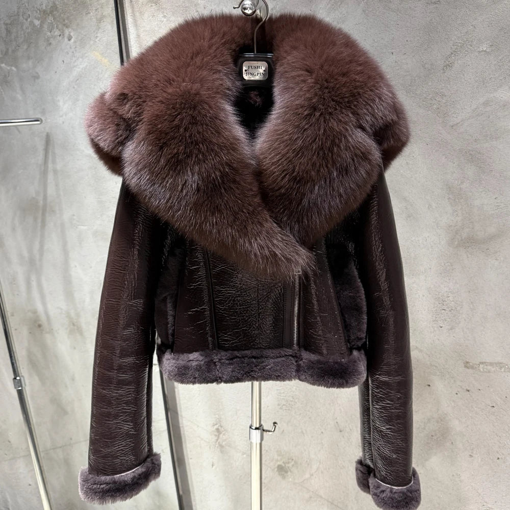 21-25Shearling Jacket women's shearling Cloth With Big Fur Collar and Hooded