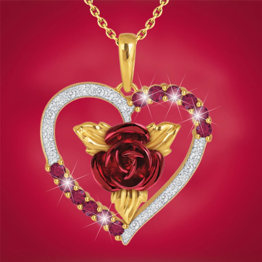 Romantische herzförmige Rosen-Anhänger-Halskette mit roten und weißen Strasssteinen, Damenhalskette, exquisiter Schmuck, Valentinstagsgeschenke