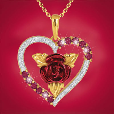 Romantische herzförmige Rosen-Anhänger-Halskette mit roten und weißen Strasssteinen, Damenhalskette, exquisiter Schmuck, Valentinstagsgeschenke