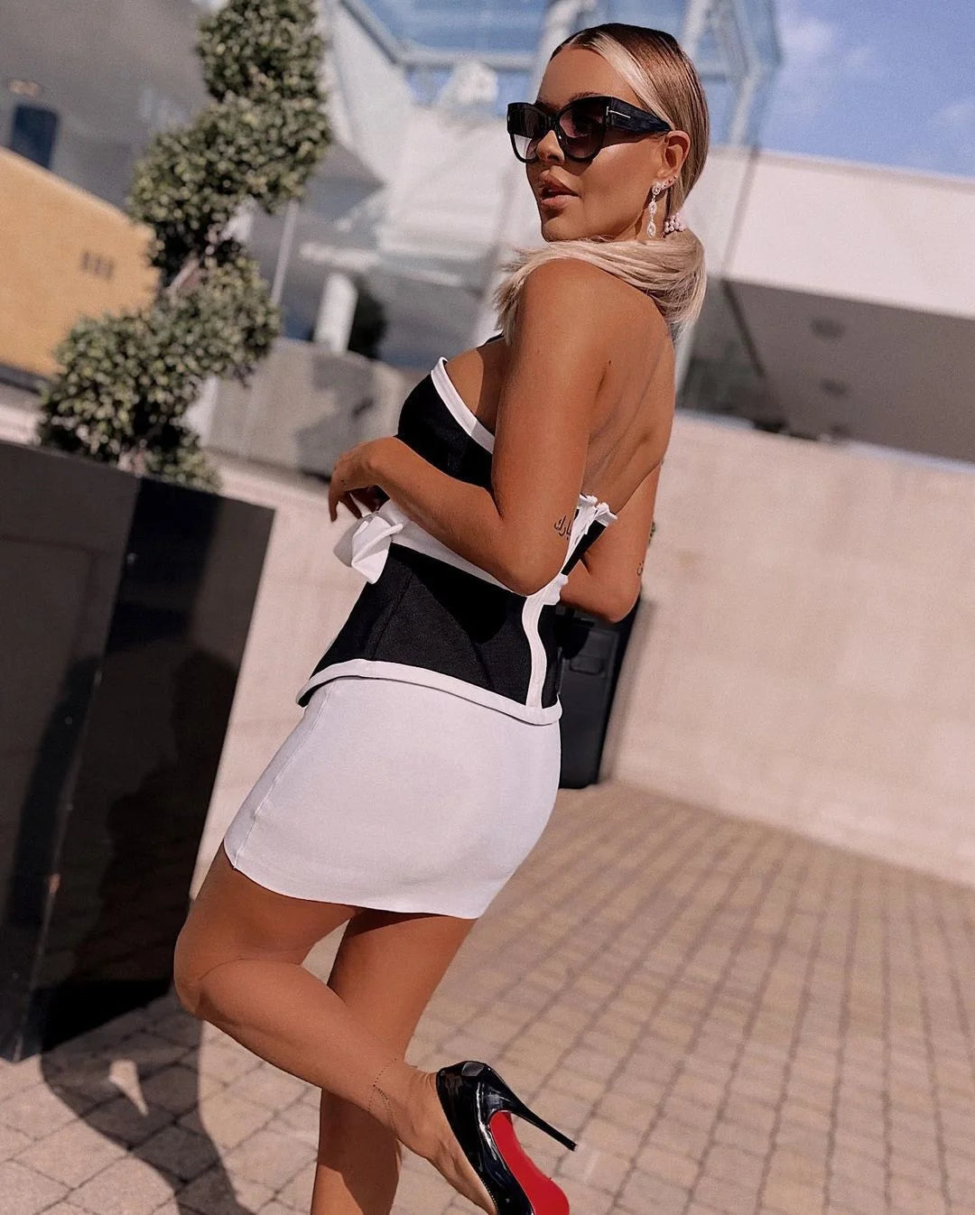 New Women Summer Patchwork Bandage  2 Two Piece  Strapless  Sleeveless Bow Top & Mini Skirt Club Party Holiday High Street Sets