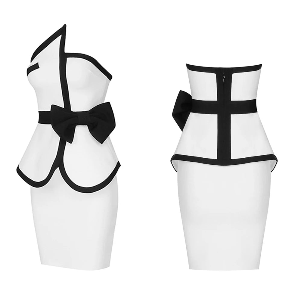 New Women Summer Patchwork Bandage  2 Two Piece  Strapless  Sleeveless Bow Top & Mini Skirt Club Party Holiday High Street Sets