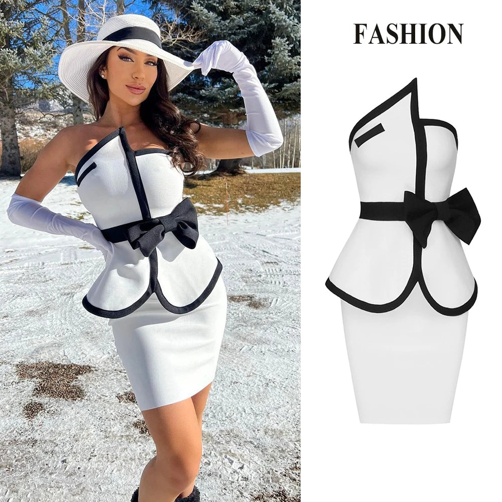 New Women Summer Patchwork Bandage  2 Two Piece  Strapless  Sleeveless Bow Top & Mini Skirt Club Party Holiday High Street Sets