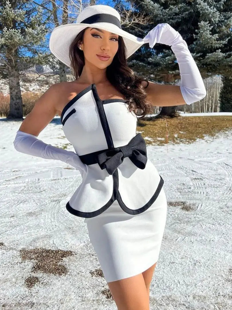 New Women Summer Patchwork Bandage  2 Two Piece  Strapless  Sleeveless Bow Top & Mini Skirt Club Party Holiday High Street Sets
