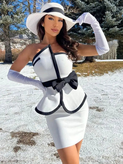 New Women Summer Patchwork Bandage  2 Two Piece  Strapless  Sleeveless Bow Top & Mini Skirt Club Party Holiday High Street Sets