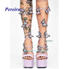 Platform Bling Bling Shoes 2022 Open Toe Butterfly Chunky Heel Sandals Cross Tied Lace Up High Heels Summer Women Shoes Sweet