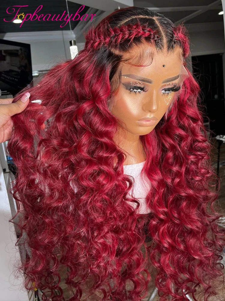 Rot und Blond Farbe Peruanische 13X4 Lace Front Echthaarperücken für Frauen Pre-Plucked 180% Remy Wavy Rot Highlight Farbe Perücken