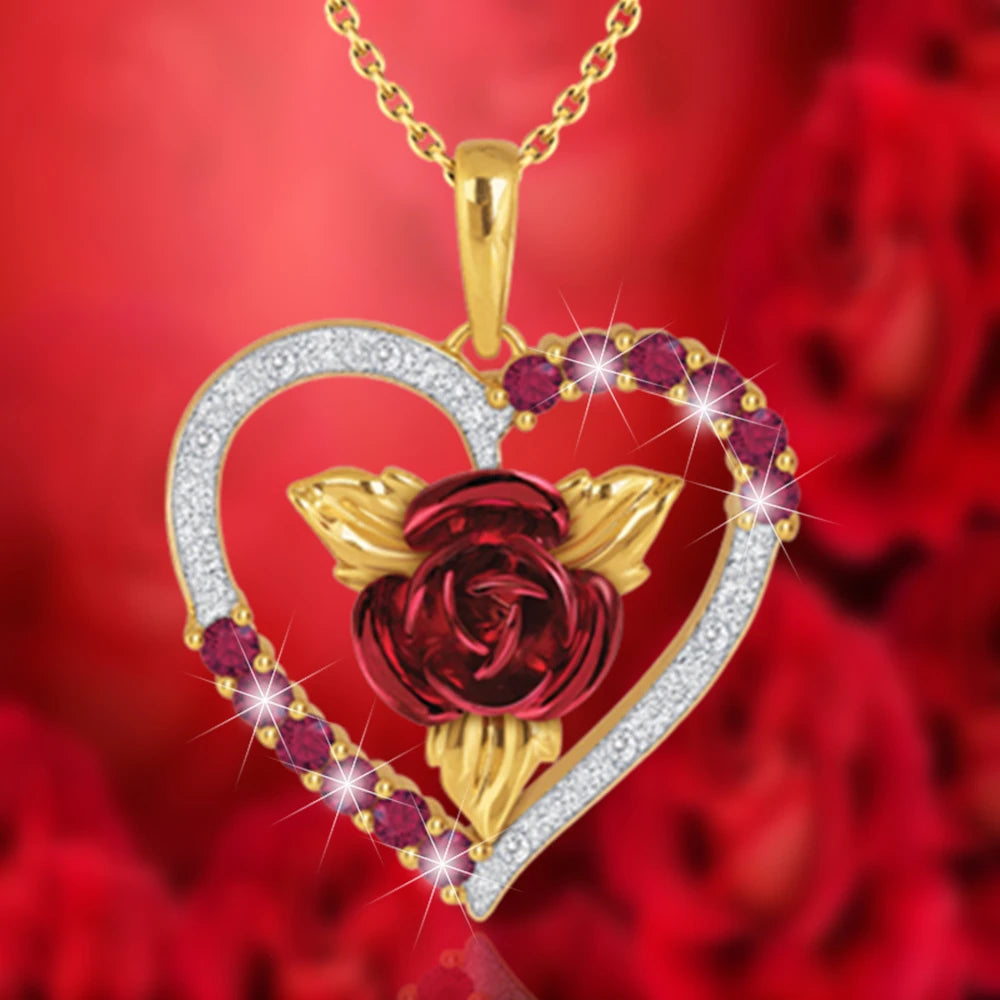 Romantische herzförmige Rosen-Anhänger-Halskette mit roten und weißen Strasssteinen, Damenhalskette, exquisiter Schmuck, Valentinstagsgeschenke