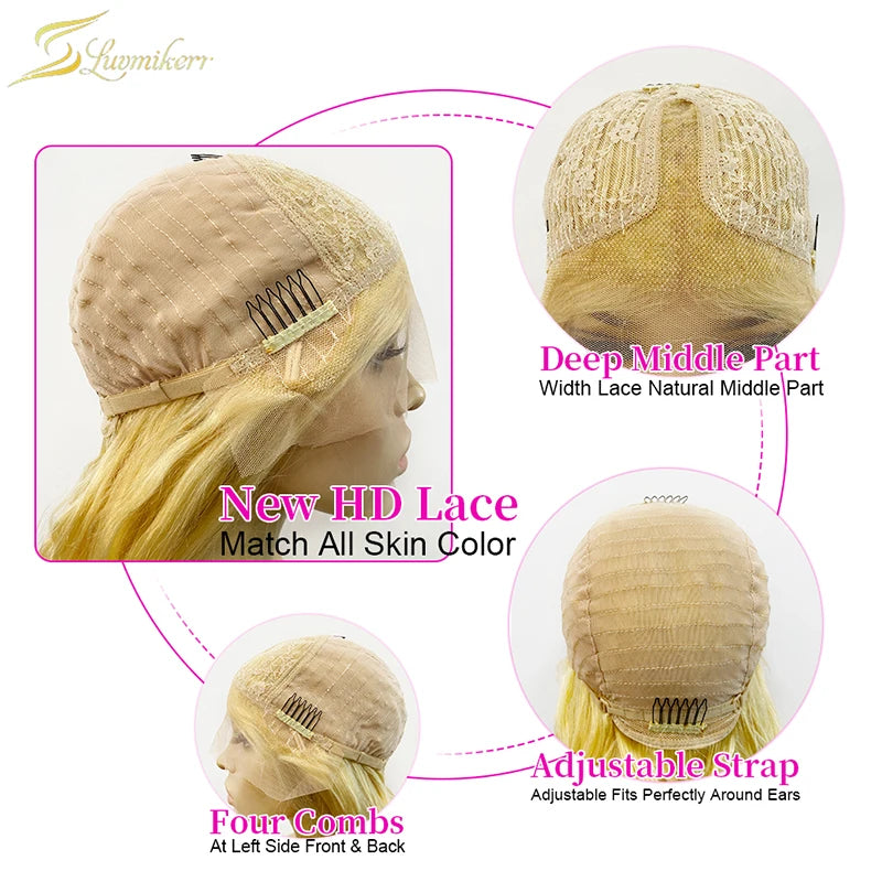 Highlights Schwarz und Weiß Perückenfarbe Vorgezupfter Haaransatz 613 Blonde Kurze Bob 13x4 Echthaar Lace Front Perücken HD Frontal Glatt