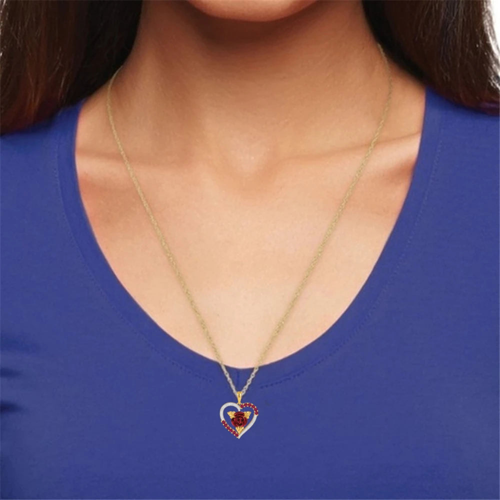 Romantische herzförmige Rosen-Anhänger-Halskette mit roten und weißen Strasssteinen, Damenhalskette, exquisiter Schmuck, Valentinstagsgeschenke