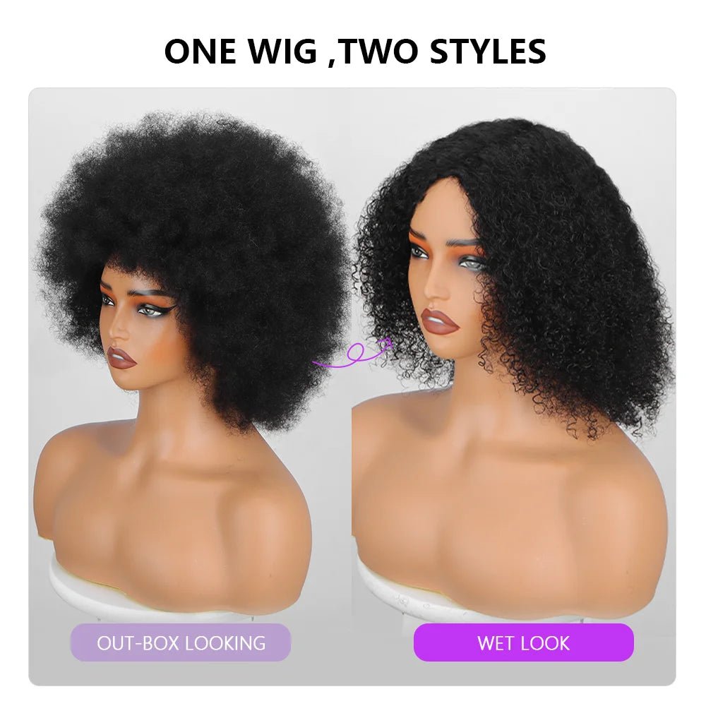 Afro Fluffy Curly Human Hair Wigs 70S Jerry Curl Wig One Wig Two Stlyes Glueless Wig Puffy Bouncy Wig Bouncy Wet and Dry Styling - MAGUSTA BEAUTY